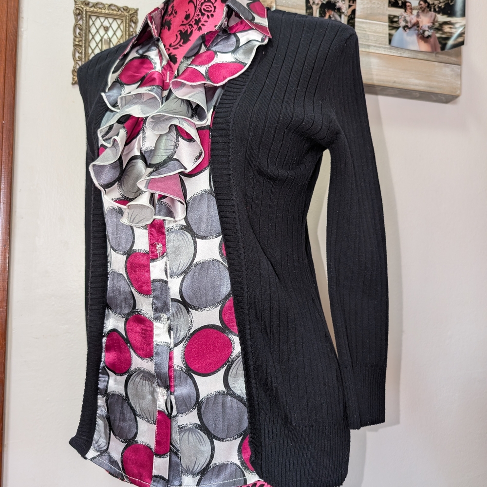 Avenue Black and Pink Ruffle Blouse
